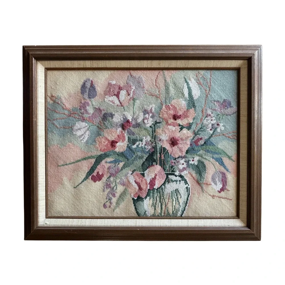 Vintage Handmade Tapestry Needlework Flower Vase Wooden Framed Artwork Wall Art